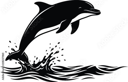 Картината върху платно Playful dolphin silhouette jumping out of ocean water waves vector illustration representing marine wildlife, summer tropical travel, and sea ecosystem conservation concept