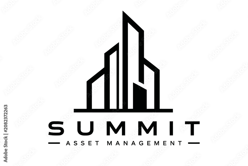 Fototapeta premium Summit asset management logo with skyscraper city skyline.