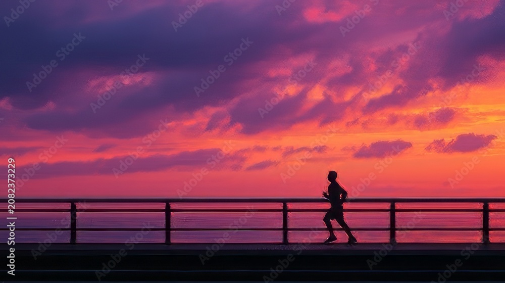 Fototapeta premium Runner on the bridge silhouette at sunset. 