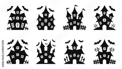 Foto Collection of spooky haunted house silhouettes with flying bats for Halloween ce