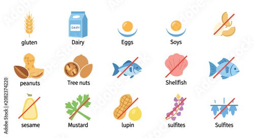 Photos Common food allergens and dietary restrictions icons collection.