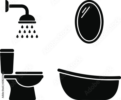 Quadro su tela Bathroom fixtures silhouette set showerhead toilet mirror and bathtub iconograph