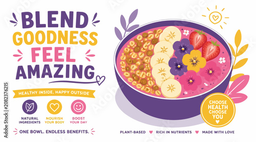 Cuadro en lienzo Healthy acai bowl illustration with motivational quote.