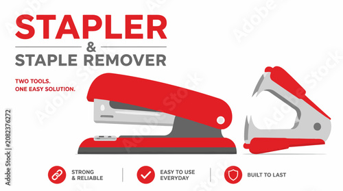 Bild auf Leinwand Red stapler and staple remover stationery set.