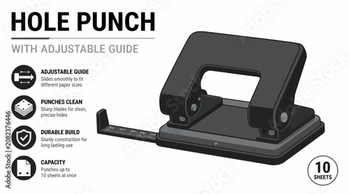 Fotografía Black heavy duty paper hole punch with adjustable guide.