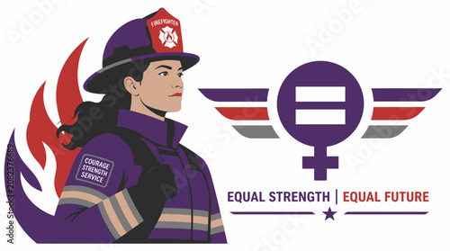 Foto Female firefighter with gender equality strength symbol