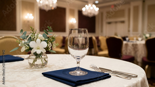 Elegant Banquet Table Setting with White Tablecloth, Water Glass, and Floral Arrangement in a Ballroom