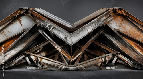 Abstract Symmetrical Composition of Rusty Industrial Metal Beams and Steel Plates
