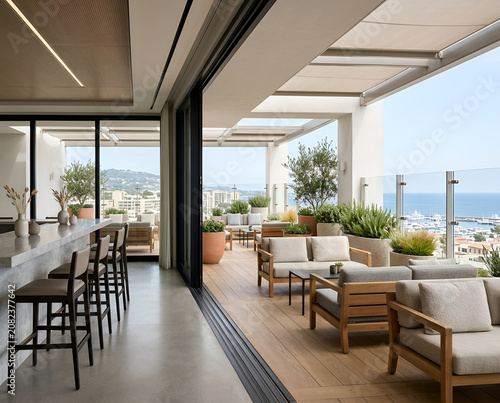Modern Luxury Terrace Featuring Elegant Outdoor Seating Area and Scenic Coastal View for Sophisticated Residential Architecture