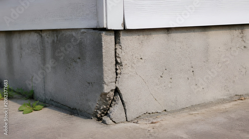 Close-up of a Damaged Concrete House Foundation with a Large Structural Vertical Crack