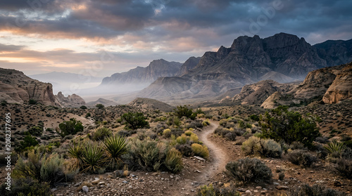 Winding dirt hiking trail through scenic desert valley and rugged mountains at sunrise