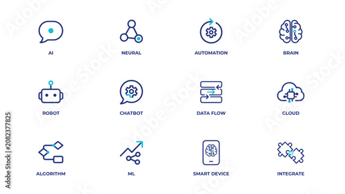 Neural network and smart automation outline icons – Ideal for deep learning system manuals, computer science reports, or bot graphics.