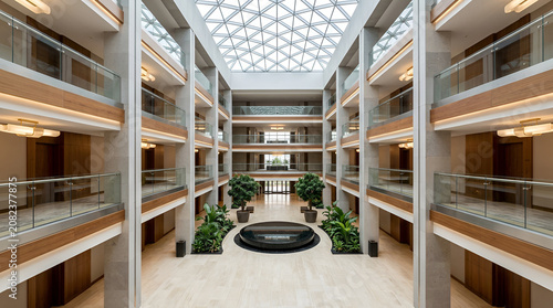 Spacious Modern Hotel Atrium with Glass Skylight Ceiling and Elegant Interior Design Features
