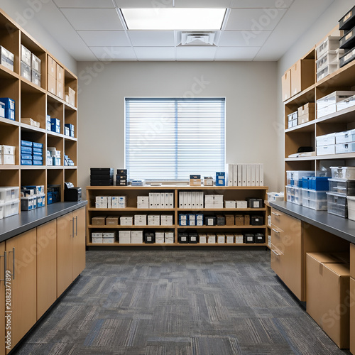 Organized stock room with shelves full of boxes and storage units, a well-kept inventory