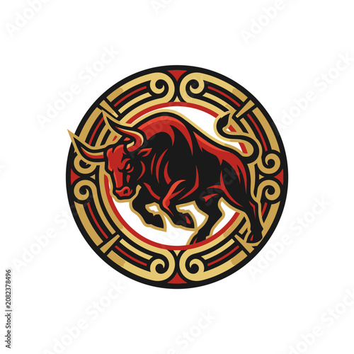 Charging bull circular ornate emblem logo design.