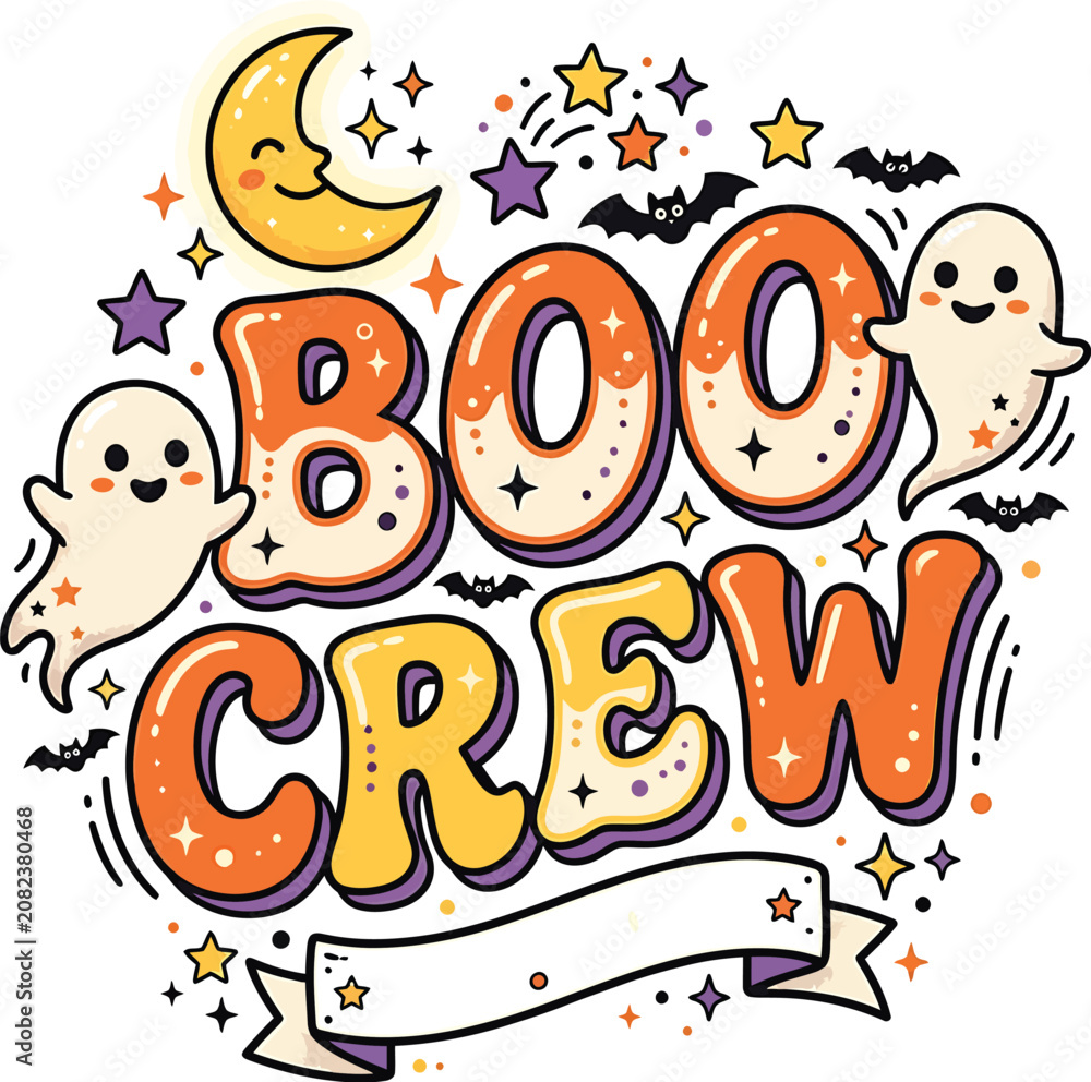 Fototapeta premium Retro Boo Crew Halloween typography sticker with cute smiling ghosts and crescent moon vector illustration