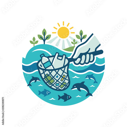 Cleaning plastic waste from ocean with net for conservation.