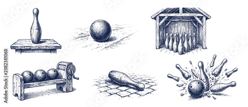 Schilderij op canvas Vintage bowling sketch engraving set showing retro skittles game, antique ball r