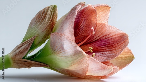 A vibrant amaryllis flower unfolds its soft pink petals, brightening an indoor space with elegance