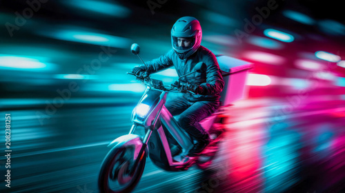 Food delivery courier speeds through a neon-lit city at night on a scooter, creating dynamic motion blur and a futuristic urban logistics concept