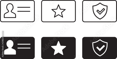 Set of simple icons for identification favorites and security including profile card star and shield with checkmark in outline and filled styles for web and app design