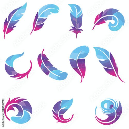 Collection of abstract feather icons modern geometric design elements in blue and pink gradient perfect for branding and web design