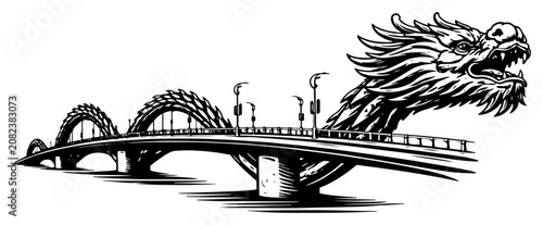 Tableau sur toile Dragon Bridge Da Nang Vietnam Illustration, Majestic Dragon Shaped Bridge over R