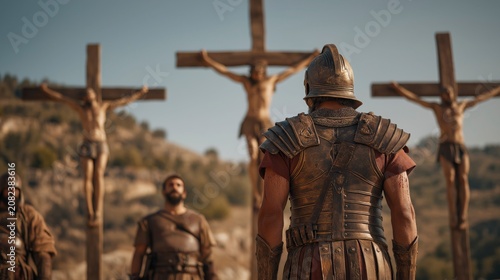 A Roman centurion stands before the three crosses, gazing toward the central cross where Jesus is crucified, as fellow soldiers watch in silence beneath the open sky.