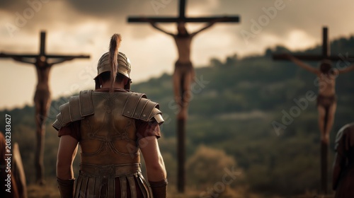 A Roman centurion stands before the three crosses, gazing toward the central cross where Jesus is crucified, as fellow soldiers watch in silence beneath the open sky.