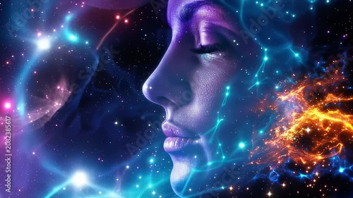 Womans Face Dissolving into Cosmic Nebula with Streaking Starlight and Swirling Gas Clouds, Representing Consciousness and Universe
