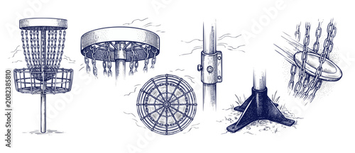 Disc golf basket sketch set showing various angles and close-up details like the chains, target pole base, and flying disc hitting the basket. Vintage engraving style vector illustration.
