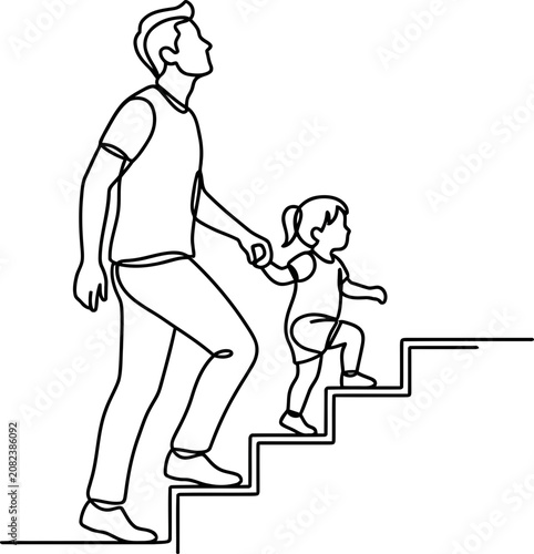 Tableau sur toile Continuous line drawing of a father and daughter walking up stairs together