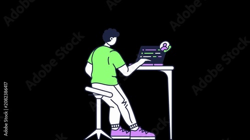 Line Art Character Animation of Man Working on Laptop with User Profile Icon