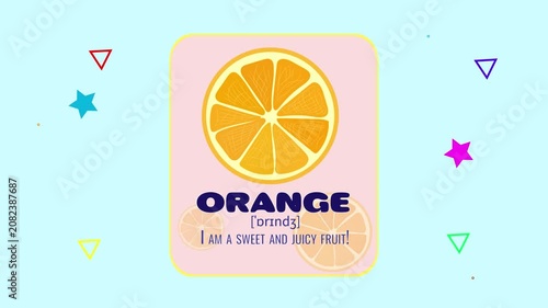 Orange fruit flashcard motion graphics animation with floating geometric shapes
