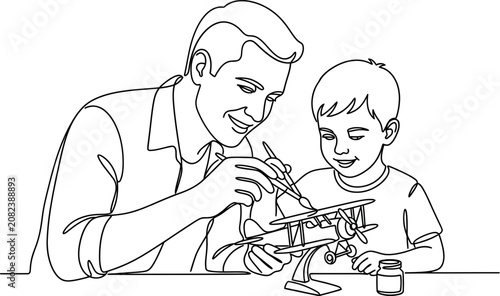 Father and son painting a model airplane together as a coloring page.