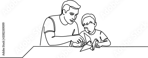 Schilderij op canvas A father teaching his young son how to fold origami paper craft.