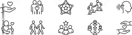 Canvastavla Black line icons of people helping and supporting each other