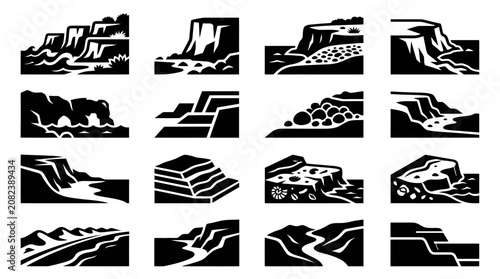 Set of Cliff and Canyon Landscape Icons: Erosion, Geology, Nature