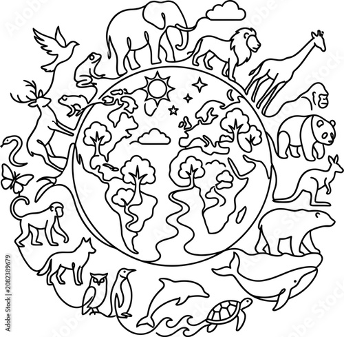 Photography Earth globe surrounded by diverse wild animals for coloring page.