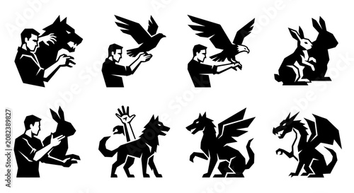 Canvastavla Man interacting with mythical creatures and animals icon set, vector silhouette