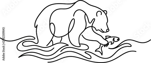 Foto Minimalist continuous line art of a grizzly bear catching a salmon in a river