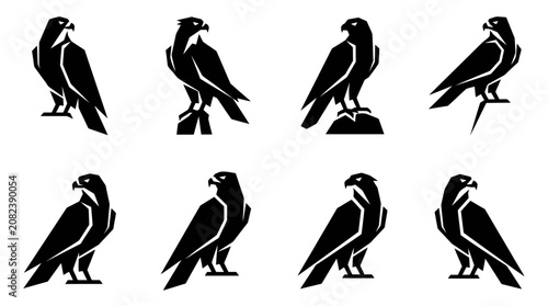 Slika na platnu Set of Falcon Silhouette Icons, Bird of Prey Vector Graphics on White Background