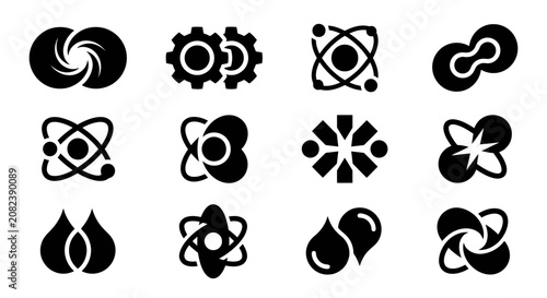 Abstract Science and Technology Icons Set: Atoms, Gears, Swirls, Drops