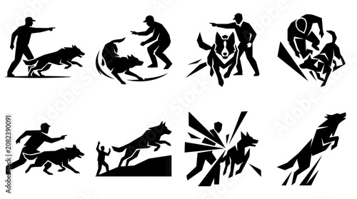 Tableau sur toile Dog Training Silhouette Icons: Handler and Wolf/Dog Action Poses
