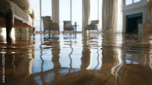 Stunning photo of Water covering a polished wooden floor in a luxurious living room with elegant furniture and large windows, reflecting the interior