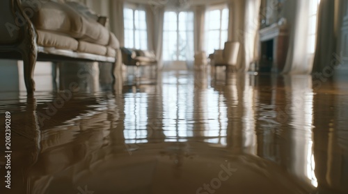 Stunning photo of Water covering a polished wooden floor in a luxurious living room with elegant furniture and large windows, reflecting the interior