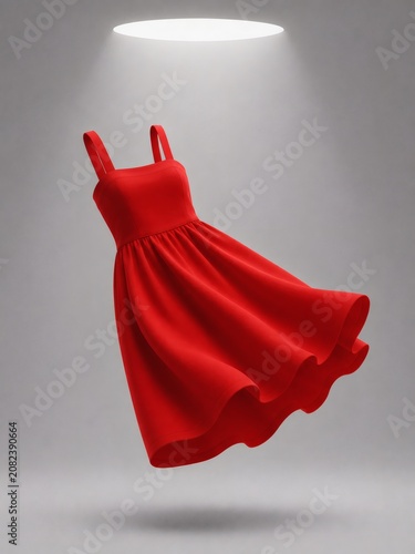 Red Flowing Summer Dress Floating Under Spotlight on Gray Background