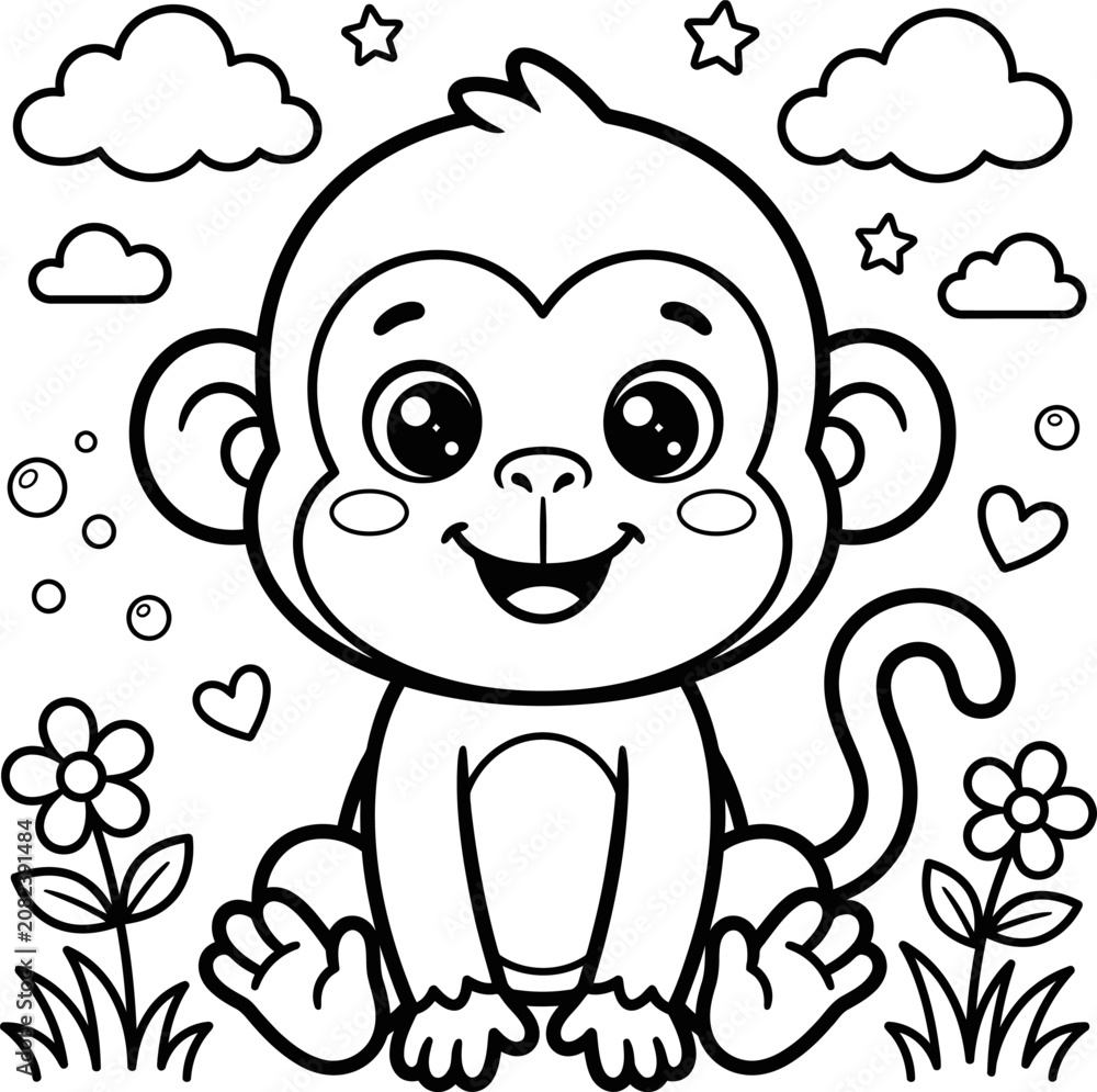 Fototapeta premium Coloring page Coloring page Cute cartoon monkey sitting in a field with flowers and clouds
