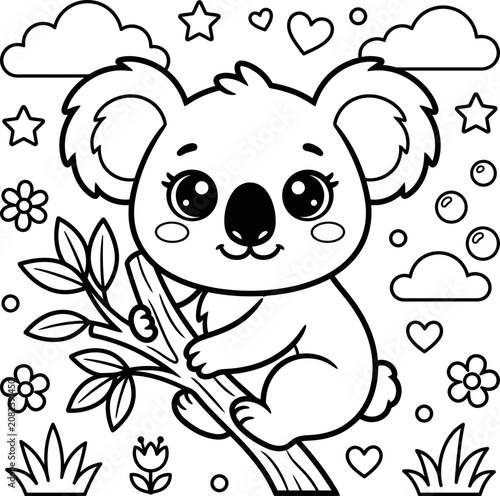 Canvas Print Coloring page Coloring page Cute cartoon koala bear sitting on tree branch with