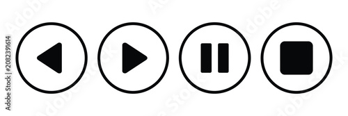 Media control icon set featuring previous replay play pause stop and next buttons in outline and solid styles